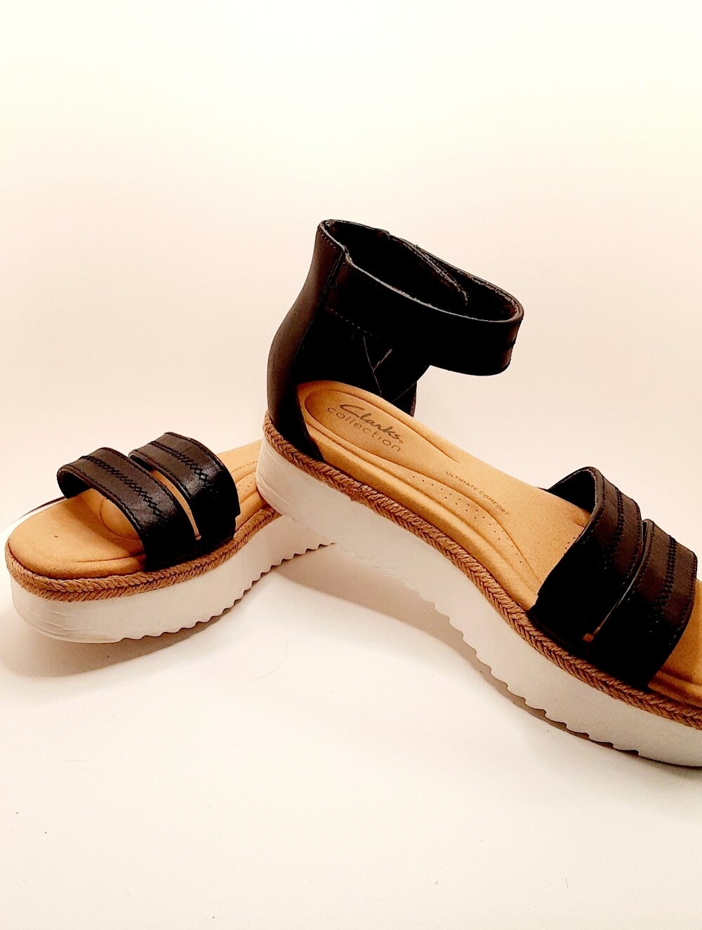 Clarks Collection Black Platform Comfort Sandals Leather Look US 7